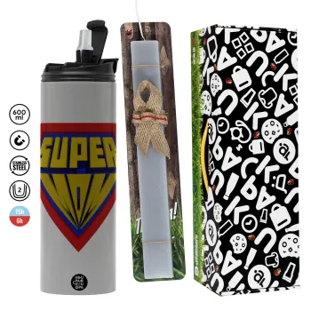 Super Mom 3D, Πασχαλινή Λαμπάδα με Travel Tumbler θερμό (600ml, BPA free) & κερί αρωματικό πλακέ (30cm) (ΓΚΡΙ)