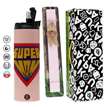 Super Mom 3D, Πασχαλινή Λαμπάδα με  ΡΟΖ Travel Tumbler θερμό (600ml, BPA free) & κερί αρωματικό πλακέ (30cm) (ΡΟΖ)
