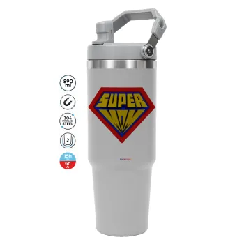 Super Mom 3D, ΓΚΡΙ Travel Tumbler Θερμός με χερούλι και καλαμάκι 890ml