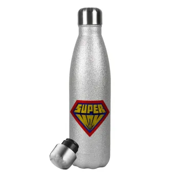 Super Mom 3D, Μεταλλικό παγούρι θερμός Glitter Aσημένιο (Stainless steel), διπλού τοιχώματος, 500ml