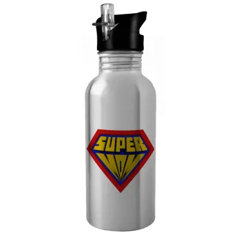 Super Mom 3D, Water bottle Silver with straw, stainless steel 600ml