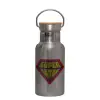 Stainless steel metallic thermos flask, silver with a bamboo lid, double-walled, 350ml.