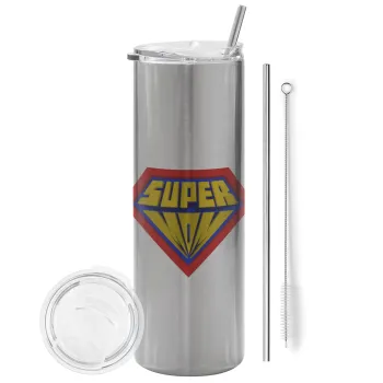 Super Mom 3D, Tumbler ποτήρι θερμό Ασημένιο από ανοξείδωτο ατσάλι 600ml, με μεταλλικό καλαμάκι & βούρτσα καθαρισμού