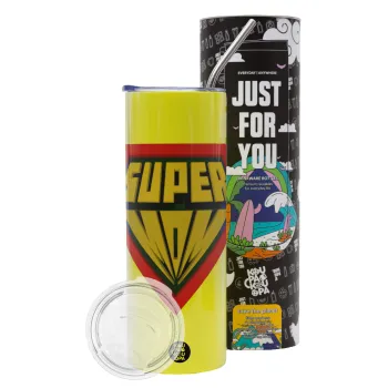 Super Mom 3D, Neon Yellow Travel Tumbler θερμό, μεταλλικό καλαμάκι(Ανωξείδωτο 304 Food grade, BPA free, 600ml)