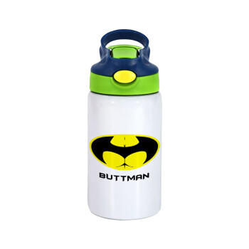 Buttman, Children's hot water bottle, stainless steel, with safety straw, green, blue (350ml)