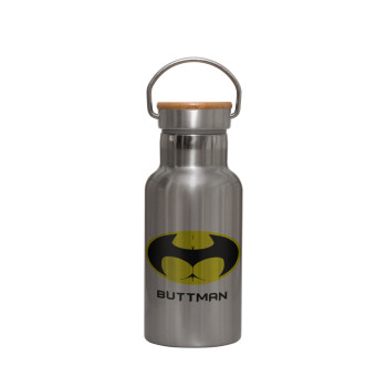 Buttman, Μεταλλικό παγούρι θερμός (Stainless steel) Ασημένιο με ξύλινο καπακι (bamboo), διπλού τοιχώματος, 350ml