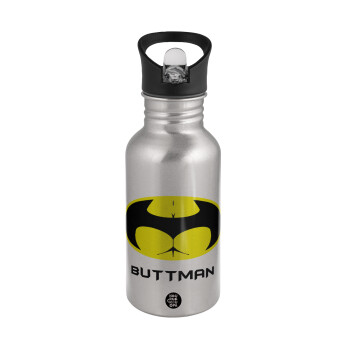 Buttman, Water bottle Silver with straw, stainless steel 500ml