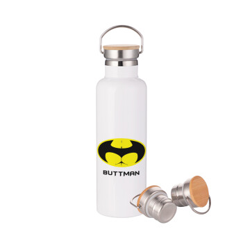 Buttman, Μεταλλικό παγούρι θερμός (Stainless steel) Λευκό με ξύλινο καπάκι (bamboo), διπλού τοιχώματος, 750ml