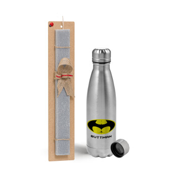 Buttman, Easter Set, metallic Inox water bottle (750ml) & aromatic flat Easter candle (30cm) (GRAY)