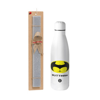 Buttman, Easter Set, metallic stainless thermos bottle (500ml) & scented flat Easter candle (30cm) (GRAY)