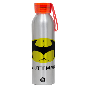 Buttman, Αλουμινένιο Αθλητικό Μπουκάλι 650ml – Ασημί με Κόκκινο Καπάκι και Λουράκι Σιλικόνης