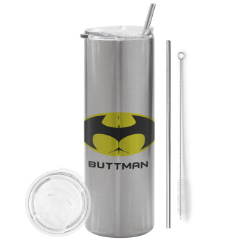 Buttman, Eco friendly ποτήρι θερμό Ασημένιο (tumbler) από ανοξείδωτο ατσάλι 600ml, με μεταλλικό καλαμάκι & βούρτσα καθαρισμού