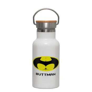 Buttman, Metallic thermos (Stainless steel) White with wooden lid (bamboo), double-walled, 350ml