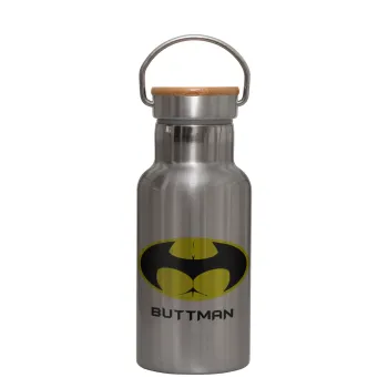 Buttman, Stainless steel metallic thermos flask, silver with a bamboo lid, double-walled, 350ml.