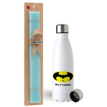 Buttman, Easter Set, metallic stainless steel water bottle (750ml) & aromatic flat Easter candle (30cm) (TURQUOISE)