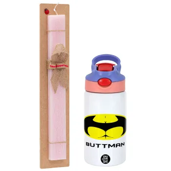 Buttman, Easter Set, Children's thermal stainless steel water bottle with safety straw, pink/purple (350ml) & Easter scented flat candle (30cm) (PINK)