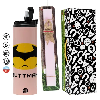 Buttman, Πασχαλινή Λαμπάδα με  ΡΟΖ Travel Tumbler θερμό (600ml, BPA free) & κερί αρωματικό πλακέ (30cm) (ΡΟΖ)