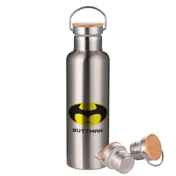 Buttman, Μεταλλικό παγούρι θερμός (Stainless steel) Ασημένιο με ξύλινο καπακι (bamboo), διπλού τοιχώματος, 750ml