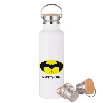 Buttman, Μεταλλικό παγούρι θερμός (Stainless steel) Λευκό με ξύλινο καπάκι (bamboo), διπλού τοιχώματος, 750ml