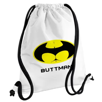 Buttman, Τσάντα πλάτης πουγκί GYMBAG λευκή, με τσέπη (40x48cm) & χονδρά κορδόνια