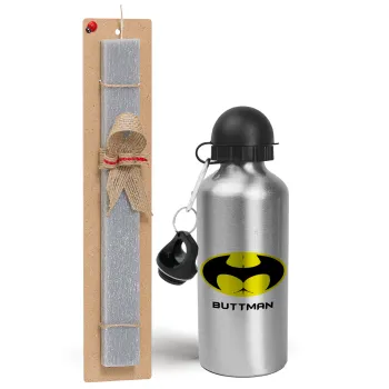 Buttman, Easter Set, metallic silver aluminum water bottle (500ml) & aromatic flat Easter candle (30cm) (GRAY)