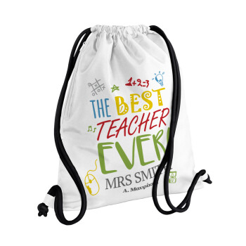 The best teacher ever!, Τσάντα πλάτης πουγκί GYMBAG λευκή, με τσέπη (40x48cm) & χονδρά κορδόνια