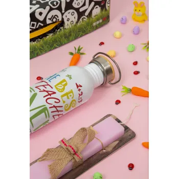 The best teacher ever!, Πασχαλινή Λαμπάδα με παγούρι μεταλλικό (620ml, stainless steel) & κερί αρωματικό πλακέ (30cm) (ΡΟΖ)