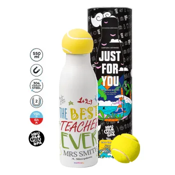 The best teacher ever!, Tennis ball Metal mug thermos White, double wall, 550ml