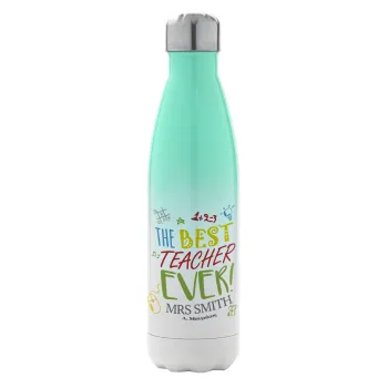 The best teacher ever!, Μεταλλικό παγούρι θερμός Πράσινο/Λευκό (Stainless steel), διπλού τοιχώματος, 500ml