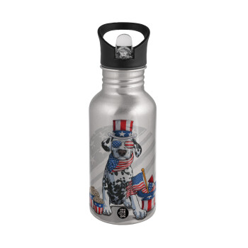 Happy 4th of July, Water bottle Silver with straw, stainless steel 500ml