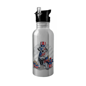 Happy 4th of July, Water bottle Silver with straw, stainless steel 600ml