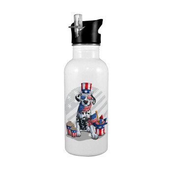 Happy 4th of July, White water bottle with straw, stainless steel 600ml