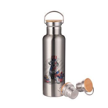 Happy 4th of July, Stainless steel Silver with wooden lid (bamboo), double wall, 750ml