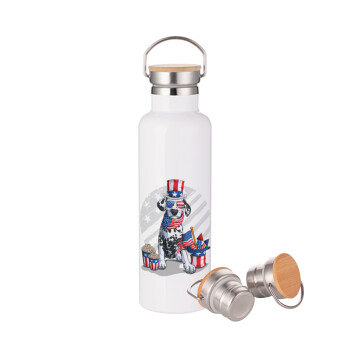 Happy 4th of July, Stainless steel White with wooden lid (bamboo), double wall, 750ml