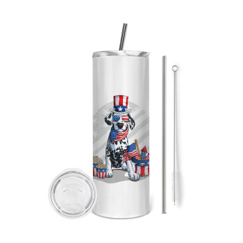 Happy 4th of July, Eco friendly stainless steel tumbler 600ml, with metal straw & cleaning brush