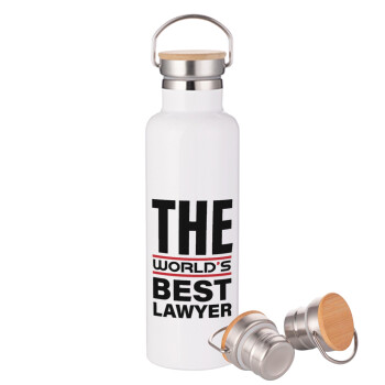 The world's best Lawyer, Stainless steel White with wooden lid (bamboo), double wall, 750ml