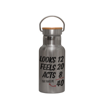 Looks, feels, acts LIKE your AGE, Stainless steel metallic thermos flask, silver with a bamboo lid, double-walled, 350ml.