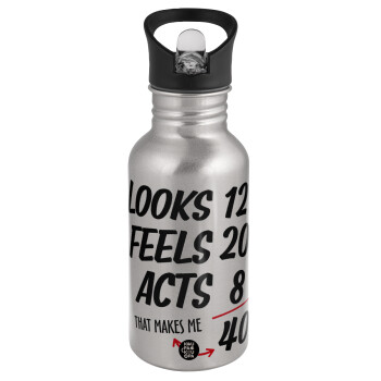 Looks, feels, acts LIKE your AGE, Water bottle Silver with straw, stainless steel 500ml