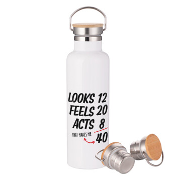 Looks, feels, acts LIKE your AGE, Stainless steel White with wooden lid (bamboo), double wall, 750ml