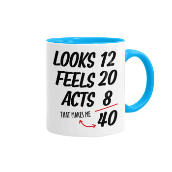 Looks, feels, acts LIKE your AGE, Mug colored light blue, ceramic, 330ml