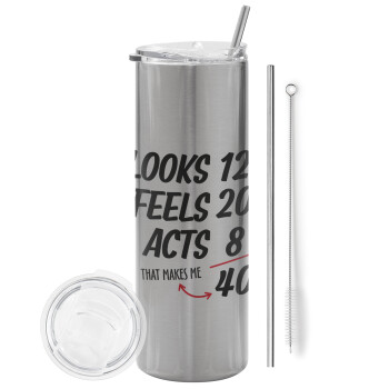 Looks, feels, acts LIKE your AGE, Eco friendly stainless steel Silver tumbler 600ml, with metal straw & cleaning brush
