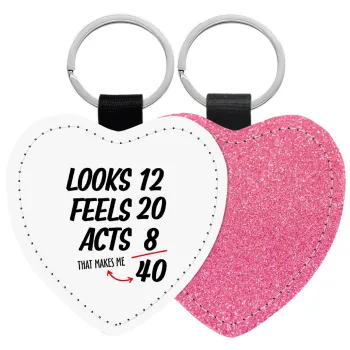 Looks, feels, acts LIKE your AGE, Μπρελόκ PU δερμάτινο glitter καρδιά ΡΟΖ