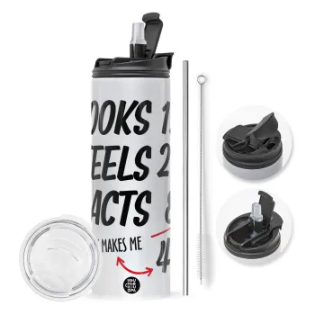 Looks, feels, acts LIKE your AGE, Travel Tumbler 2 Lids, with metal straw & cleaning brush (Stainless steel 304 Food grade, BPA free, 600ml)