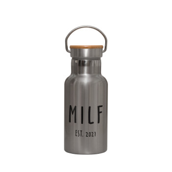 MILF, Stainless steel metallic thermos flask, silver with a bamboo lid, double-walled, 350ml.