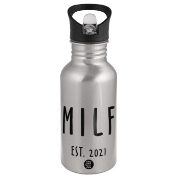 MILF, Water bottle Silver with straw, stainless steel 500ml