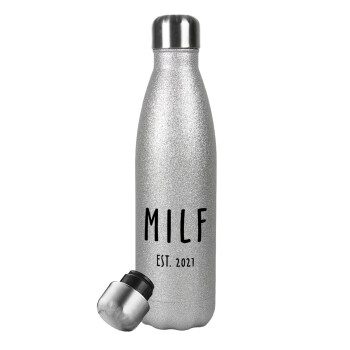 MILF, Metallic Glitter Silver Thermos Flask (Stainless steel), double-walled, 500ml