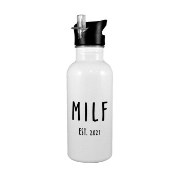 MILF, White water bottle with straw, stainless steel 600ml