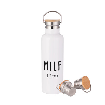 MILF, Stainless steel White with wooden lid (bamboo), double wall, 750ml
