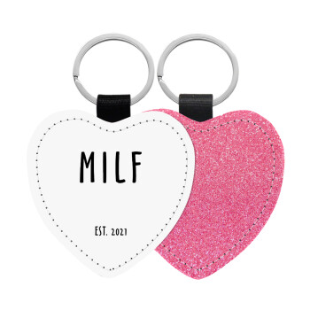 MILF, Μπρελόκ PU δερμάτινο glitter καρδιά ΡΟΖ