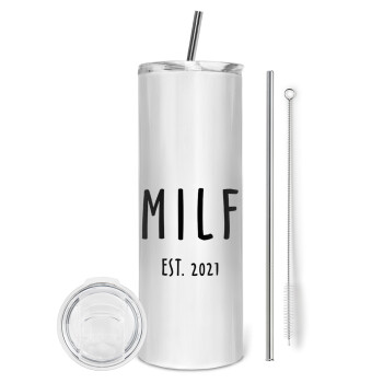 MILF, Eco friendly ποτήρι θερμό (tumbler) από ανοξείδωτο ατσάλι 600ml, με μεταλλικό καλαμάκι & βούρτσα καθαρισμού